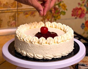 Chef places cherry on cake