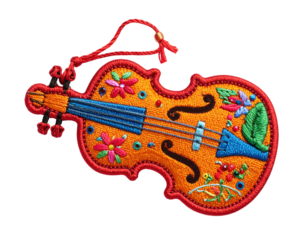 Embroidered Violin Ornament with Floral Design.