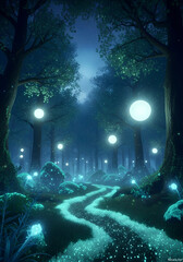 Celestial Orbs Illuminate a Winding, Bioluminescent Path in a Magical Night Forest