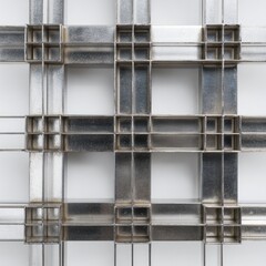 Geometric metal grid pattern.  Interlocking,  squared  shapes.  Silver-toned.  Abstract