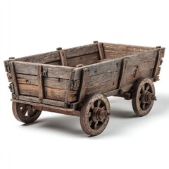 Aged wooden cart, rectangular boxy body, sturdy wheels