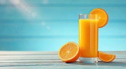 Obraz premium Fresh orange juice in glass, sliced oranges