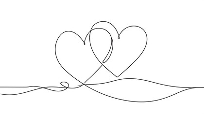 Two intertwined hearts are depicted in a single continuous line drawing.