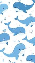Naklejka premium Cute, stylized blue whales swim in a cheerful, repeating pattern against a crisp white background.