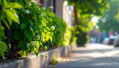 Lush greenery and small white flowers line a city sidewalk bathed in the morning sunlight.