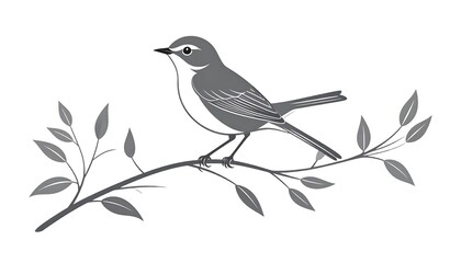 A stylized illustration of a small bird perched on a branch, surrounded by simple foliage, in a muted grayscale palette.