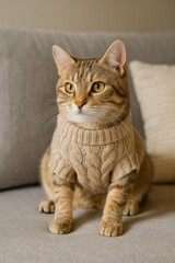 Tabby cat wearing a beige knitted sweater sitting upright indoors