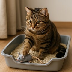 Tabby cat sitting in a litter box filled with clean cat litter and a scoop