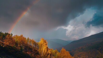 Vibrant Rainbow Over Green Meadow: Colorful Nature Illustration with Sun, Clouds & Blue Sky