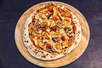 The best pizza in the world, Brazilian shrimp pizza with shiitake mushrooms and red pepper.
