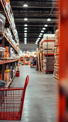 Fototapeta premium Red shopping cart in a warehouse aisle with shelves of products on display