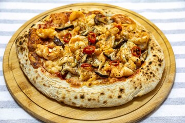 The best pizza in the world, Brazilian shrimp pizza with shiitake mushrooms and red pepper.