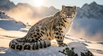 Fototapeta premium A majestic snow leopard sits regally on a snow-covered rock, its thick, spotted fur blending with the wintry mountain landscape.