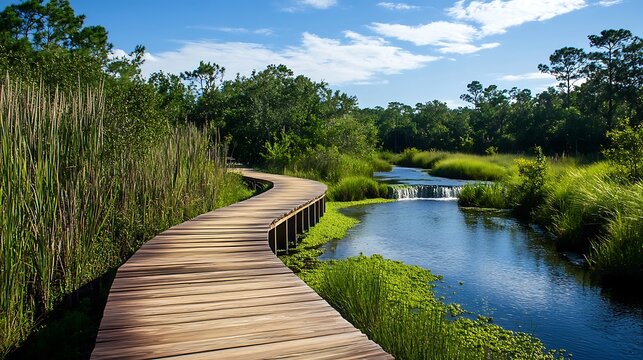 Scenic wooden boardwalk winding through a lush green wetland alongside a tranquil flowing river