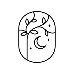 luxury tree logo icon vector with stars and  crescent moon element in line style design