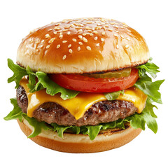 Hamburger with lettuce, tomato, and cheese on a bun