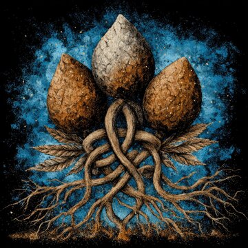 Three earthy buds emerge from a knotted root system against a cosmic backdrop