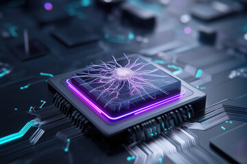 High-fidelity AI core emerging from microchip with neon purple & cyan glow and abstract neural network background