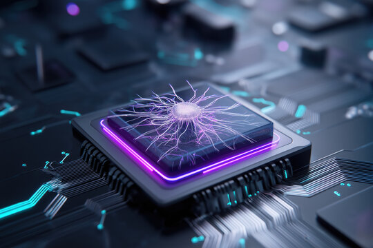 High-fidelity AI core emerging from microchip with neon purple & cyan glow and abstract neural network background