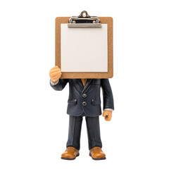Businessman figurine holding a clipboard with a blank white paper concealing its face. background removed
