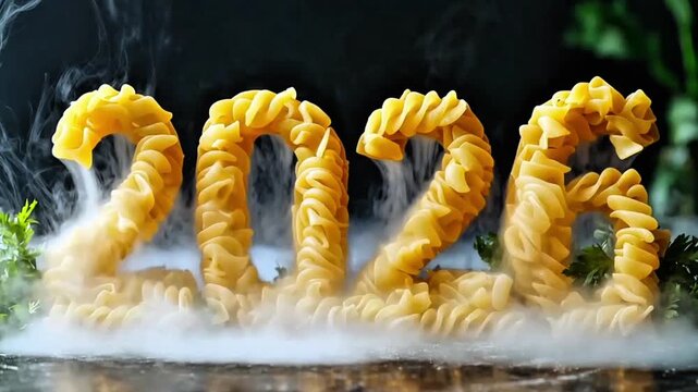 Happy New Year 2026 food concept with pasta numbers and festive smoke, creative culinary art of 2026 made from fusilli pasta on a dark background, New Year's Eve dinner celebration with pasta numbers 