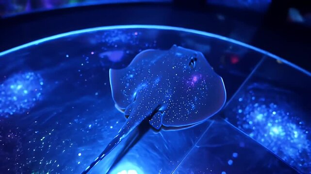 Glowing Stingray Swimming Underwater in Dark Blue Ambient Lighting Scene