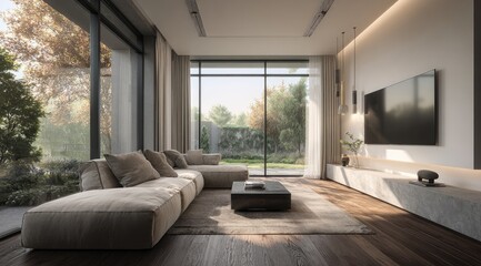 Modern living room with large windows overlooking a garden