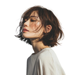 A woman with brown hair and a white shirt, eyes closed, windswept look, soft lighting, serene expression. background removed