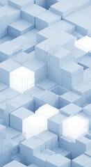 Abstract 3D rendering of interconnected light blue cubes, some glowing brightly. Creates a sense of depth and complex structure. Minimalist and futuristic aesthetic.