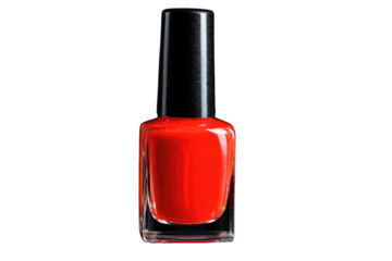 A bottle of vibrant red nail polish with a black cap, isolated on a transparent background. background removed