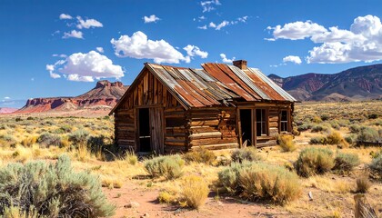 A weathered log cabin stands in a dry desert landscape, beneath a vibrant blue sky dotted with fluffy white clouds, showcasing the beauty of the arid region.