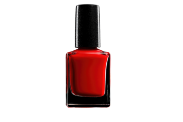A bottle of vibrant red nail polish with a black cap, isolated on a transparent background. background removed