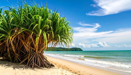 Tropical beach scene with palm-like plants