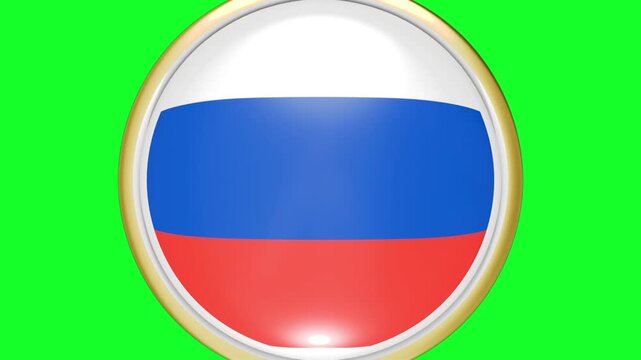3D animation of a badge with a Russia country flag rotating around an axis and zooming in on the whole screen. 3D transition on a green background for editing