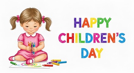 Happy childrens day with a girl drawing isolated on white background