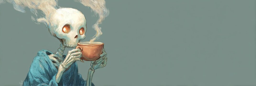 Skeleton in Blue Robe Drinks Coffee From a Brown Mug, With Smoke Coming From the Skull and Cup Against a Soft Grey Backdrop - Powered by Adobe