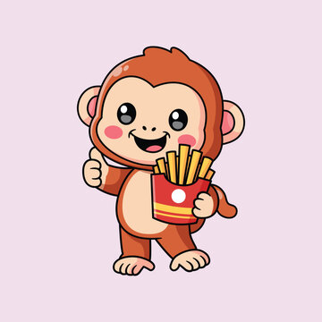 Cute Cartoon Monkey Eating French Fries and Showing Thumbs Up Vector Illustration