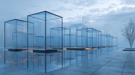 Obraz premium Glass-enclosed cityscapes reflected on a misty plaza