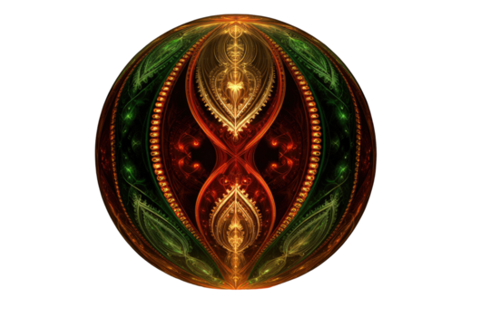 Ornate, glowing sphere with symmetrical patterns in red, gold, and green on a transparent background. background removed