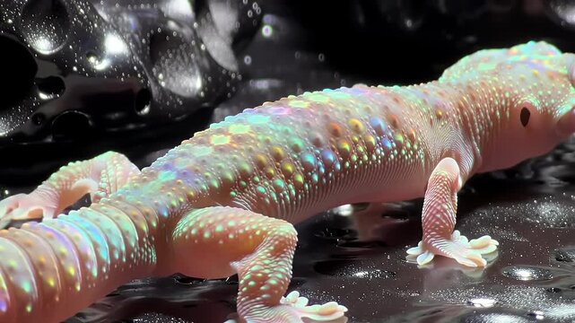 Close Up of a Albino Leopard Gecko on a Wet Reflective Dark Surface