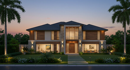 tropical beach house with palm trees