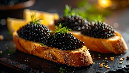 A macro view of luxurious caviar on bread as seasoning is sprinkled from above, captured with a bokeh background in a cinematic shot with the camera circling from left to right and dramatic lighting