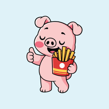 Cute Cartoon Pig Eating French Fries and Showing Thumbs Up Vector Illustration