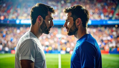 Two soccer players face each other intensely on the field as the stadium crowd cheers and waves flags, captured in a slow cinematic zoom with dramatic lighting highlighting the fierce rivalry