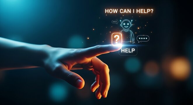 Instant customer support and chatbot concept. A hand touches a "help" icon, and a friendly chatbot avatar instantly appears with a greeting.