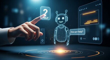 Instant customer support and chatbot concept. A hand touches a "help" icon, and a friendly chatbot avatar instantly appears with a greeting.