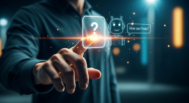 Instant customer support and chatbot concept. A hand touches a "help" icon, and a friendly chatbot avatar instantly appears with a greeting. - Powered by Adobe