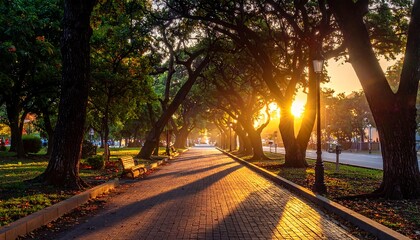 Golden sunlight streams through a parkway lined with towering trees, casting long shadows on the brick path at sunset.