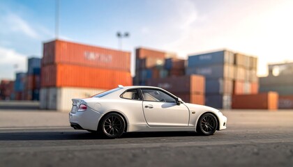 A white coupe-style vehicle sits on a paved surface, with shipping containers in the background.