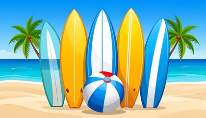Colorful surfboards and a beach ball are displayed against a vibrant ocean backdrop.